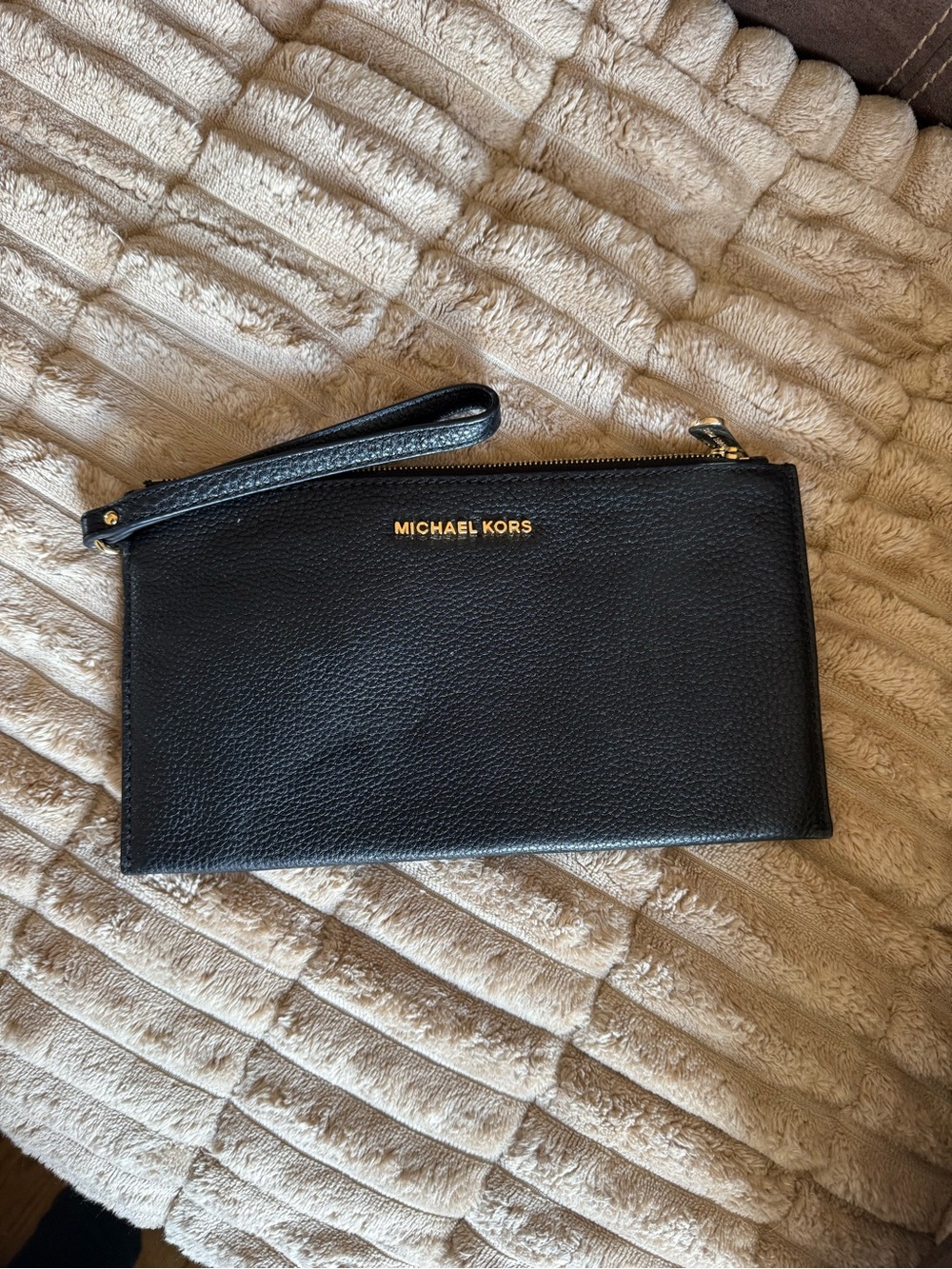 Michael Kors Black Leather Large Wristlet with Gold Logo